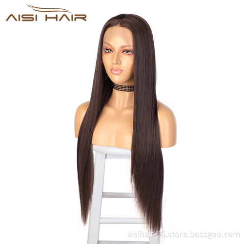 Aisi Hair Long Silky Straight Wave Brown Wig Cheap Swiss Lace Wig Synthetic Hair Lace Frontal Wigs For Black White Women